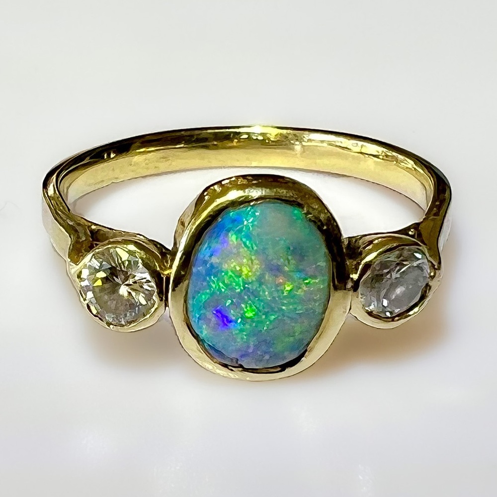SOLD**Antique 14k Australian Black Opal Diamond Ring 2.2g